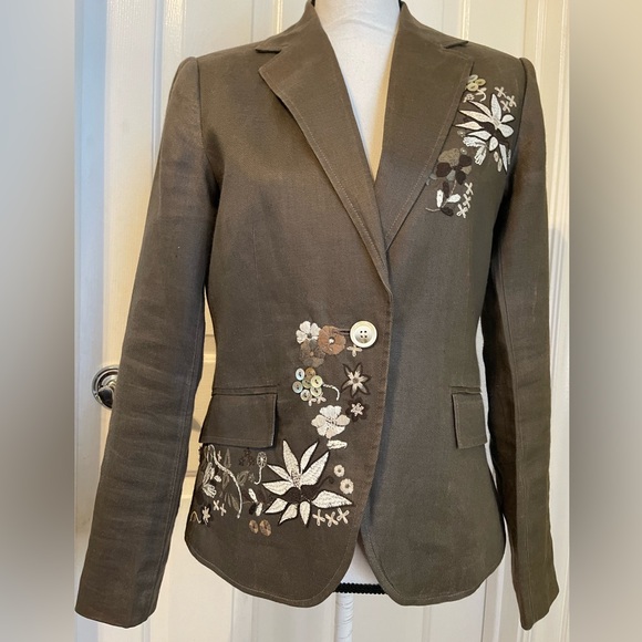 Zara Olive Green Floral Embroidered Linen Blazer - Picture 2 of 8